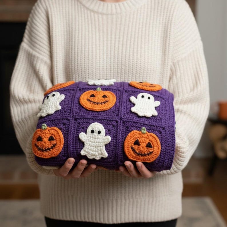 May include: A purple crochet blanket featuring a grid of square patches. Each square is decorated with an appliqued white ghost or an orange jack-o'-lantern pumpkin with black stitched facial features, creating a repeating Halloween-themed pattern.
