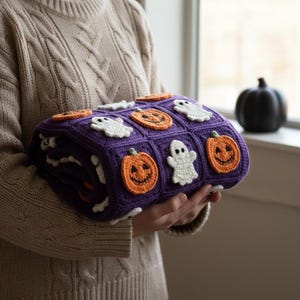 Halloween Blanket Crochet Pattern - Ghost Pumpkin Granny Square PDF - Easy Beginner DIY Fall Home Decor Download Project image 8