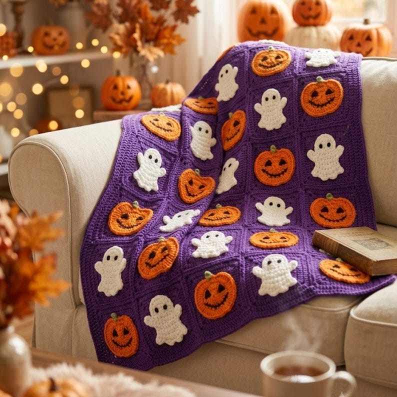 May include: A purple crochet blanket featuring a repeating pattern of orange jack-o'-lanterns and white ghosts in square blocks. The blanket is draped over a light-colored sofa, showcasing detailed yarn textures and distinct Halloween-themed motifs.