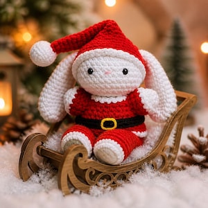 May include: A crocheted white rabbit plush toy wearing a red Santa hat with a white pom-pom, a red jacket with white trim, and a black belt with a yellow buckle. The rabbit is seated inside a small wooden sleigh, featuring long floppy ears.