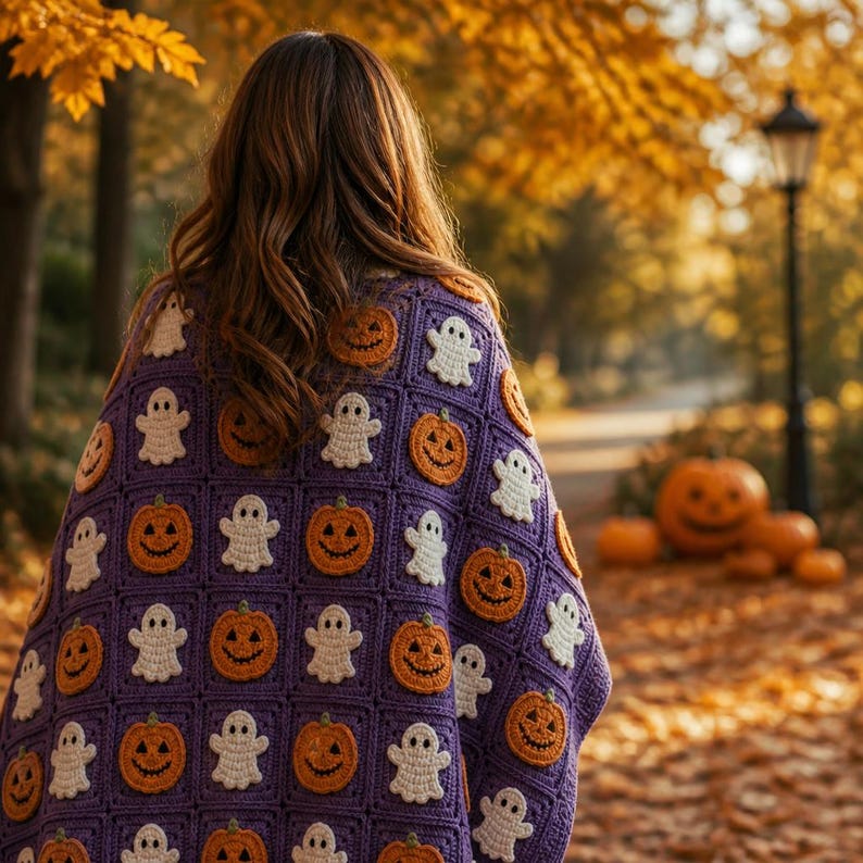 May include: A purple crochet blanket featuring a repeating pattern of white ghost and orange pumpkin motifs. The blanket is constructed from individual square panels, each containing a single centered applique of either a ghost or a pumpkin.