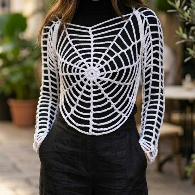 Puede incluir: Una blusa de ganchillo blanca de manga larga con un patr&oacute;n de telara&ntilde;a prominente en la parte delantera y las mangas. La prenda se lleva sobre una camiseta negra de manga larga y pantalones negros, creando un contraste marcado por su tejido abierto.
