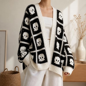 Halloween Skull Crochet Cardigan Pattern, Granny Square Cardigan PDF, Skeleton Crochet Cardigan, Gothic Halloween Crochet, Instant Download