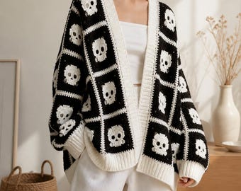Halloween Skull Crochet Cardigan Pattern, Granny Square Cardigan PDF, Skeleton Crochet Cardigan, Gothic Halloween Crochet, Instant Download
