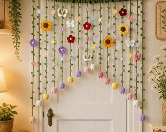 Patrón de cortina de puerta con guirnalda de flores de ganchillo / Cortina de café para primavera y otoño / Decoración de pared estilo boho DIY / Descarga digital