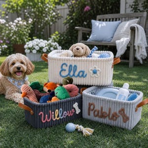 Gepersonaliseerde hondenmand met speelgoed, op maat gemaakte opbergmand voor huisdieren, geborduurde corduroy organizer, cadeau voor puppy's afbeelding 3