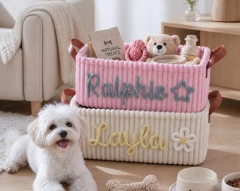 Gepersonaliseerde speelgoedmand voor puppy's, op maat gemaakte opbergmand van corduroy, chenille organizer, aandenken voor de hondenkamer