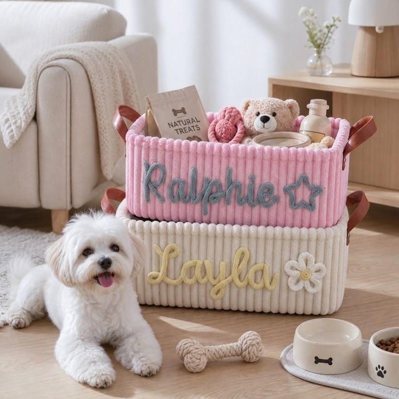 Gepersonaliseerde hondenmand met speelgoed, op maat gemaakte opbergmand voor huisdieren, geborduurde corduroy organizer, cadeau voor puppy's afbeelding 7
