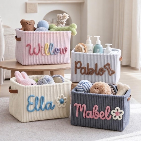 Personalized Dog Toy Basket Custom Pet Storage Embroidered Corduroy Organizer Puppy Gift
