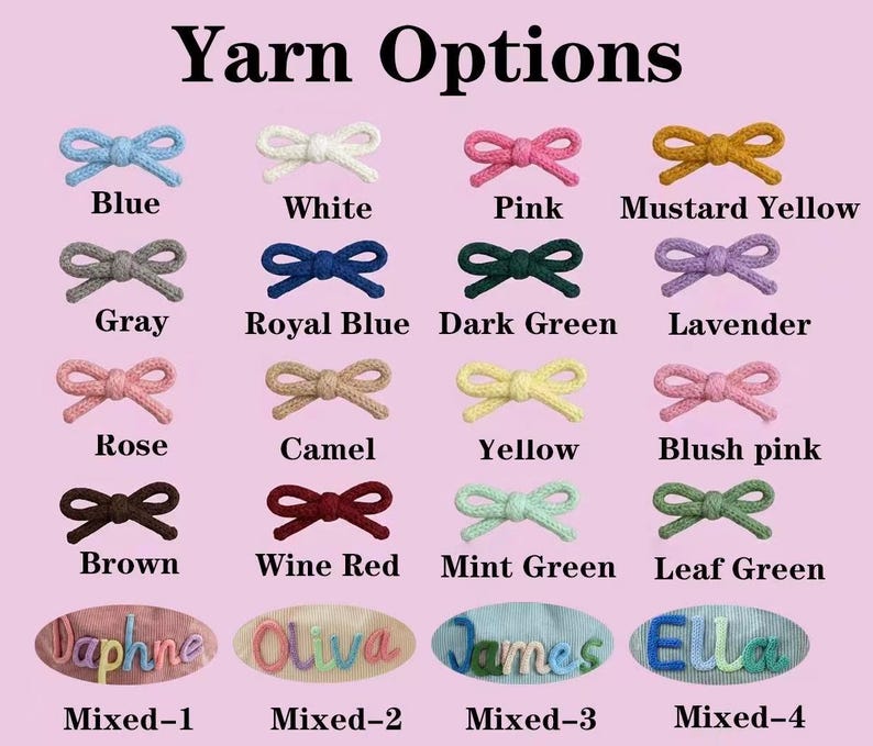 Op de afbeelding: Een overzicht getiteld Yarn Options met zestien kleine gebreide strikjes in diverse kleuren, waaronder blauw, wit, roze, mosterdgeel, grijs, koningsblauw, donkergroen, lavendel, rose, camel, geel, blush roze, bruin, wijnrood, mintgroen en bladgroen.