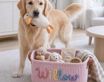 Gepersonaliseerde corduroy mand voor huisdieren, geborduurde opbergmand voor hondenspeelgoed, op maat gemaakte puppy-organizer, woondecoratie, cadeau