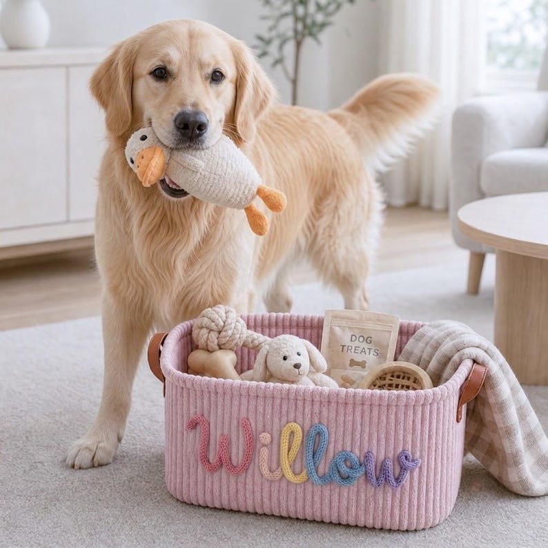 Gepersonaliseerde hondenmand met speelgoed, op maat gemaakte opbergmand voor huisdieren, geborduurde corduroy organizer, cadeau voor puppy's afbeelding 6