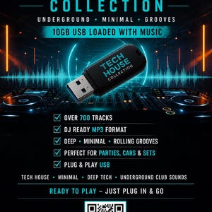 May include: Black USB drive with "TECH HOUSE COLLECTION" text, over 700 tracks, DJ ready MP3 format, deep minimal rolling grooves. Includes text: "READY TO PLAY - JUST PLUG IN & GO". Features a QR code for scanning.
