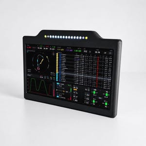 May include: A black rectangular racing dashboard display featuring a digital screen with telemetry data, lap times, and a track map. A horizontal row of integrated LED shift lights is positioned along the top edge of the black housing unit.