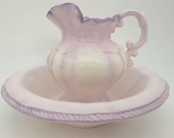 Vintage 1975 Arnels Lilac Purple White Water Pitcher Basin Washbowl Plate Set