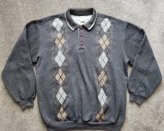 Vintage Target Men's Grey Argyle Knit Sweater (Size Large)