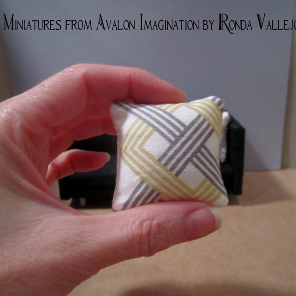 Miniature dollhouse 2" x 2" Pair of pillows in a yellow and grey chevron criss cross pattern