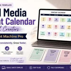May include: A digital marketing graphic with the text "Social Media Content Calendar for Small Creators." A laptop displays a content calendar. Additional items include a mug, notepad, and cards labeled "Content Ideas," "Caption Ideas," and "Content Pillars."