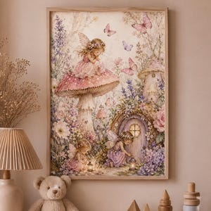 Muurdecoratie voor de kinderkamer met sprookjestuinthema, aquarelprint van feeën, magische bosdecoratie (digitale download)