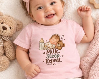 Camiseta de bebé "Milk Sleep Repeat" / Diseño de bebé durmiendo con biberón y osito de peluche