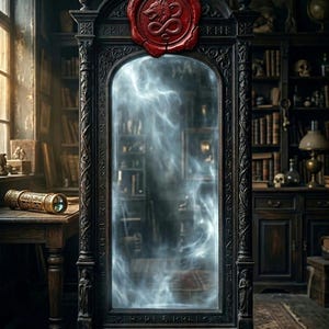 May include: Book cover for "The Echo of Whispers" featuring a large, ornate black mirror with a red wax seal. The mirror reflects a swirling, ethereal light. The title and author's name are displayed below.