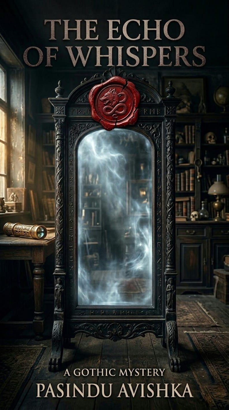 May include: Book cover for "The Echo of Whispers" featuring a large, ornate black mirror with a red wax seal. The mirror reflects a swirling, ethereal light. The title and author's name are displayed below.
