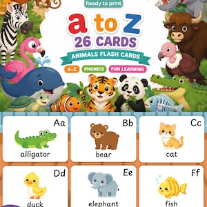 Può includere: Un set di 26 flashcard sugli animali con il testo a to z 26 cards animals flash cards, a-z, phonics, fun learning e illustrazioni di vari animali tra cui un leone, una zebra, una balena, una tigre, un panda, un alligatore, un orso, un gatto e un elefante.