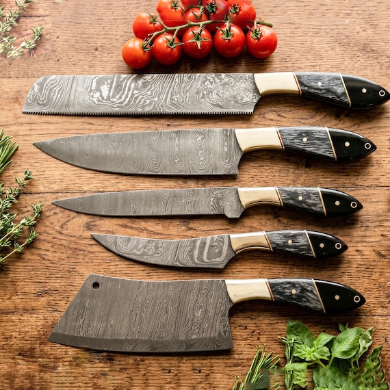 Hand Forged Damascus Chef Knife Set, Handmade Full Tang Kitchen Cutlery, Professional Culinary Knife Collection, Premium Cooking Set