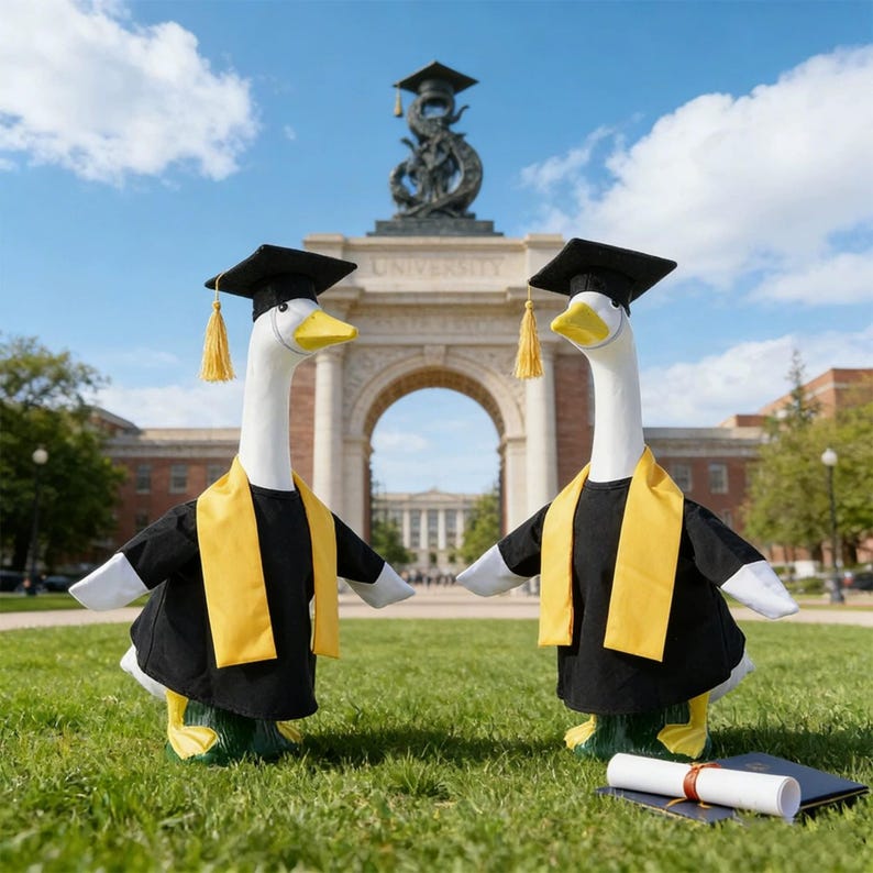 K&ouml;nnte beinhalten: Zwei G&auml;nsefiguren in Abschlusskleidung, mit schwarzen H&uuml;ten mit goldenen Quasten und schwarzen Roben mit gelben Sch&auml;rpen. Sie stehen auf Gras, mit einem Universit&auml;tsgeb&auml;ude und einem Bogen im Hintergrund. Eine gerollte Urkunde ist ebenfalls sichtbar.