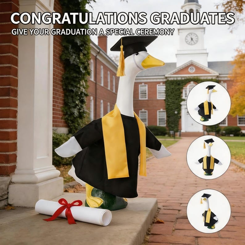 K&ouml;nnte beinhalten: Eine wei&szlig;e G&auml;nse-Statue mit Abschlusskappe, -robe und gelbem Sch&auml;rpe. Eine gerollte Urkunde mit rotem Band liegt vor der Gans. Das Bild enth&auml;lt den Text "CONGRATULATIONS GRADUATES" und "GIVE YOUR GRADUATION A SPECIAL CEREMONY."