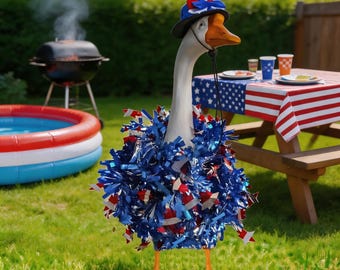 Porch Goose Outfit, Porch Goose Outfit Set zum Unabhängigkeitstag, Blauer Lametta Kranz & Hut, Amerikanisches Goose Outfit zum Unabhängigkeitstag