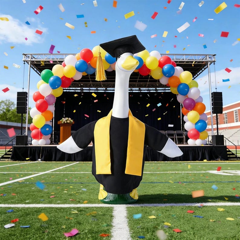 K&ouml;nnte beinhalten: Eine Gans in einem Abschlusskleid und einem Mortarboard steht auf einem gr&uuml;nen Feld, mit einer B&uuml;hne und einem Ballonbogen im Hintergrund. Konfetti f&auml;llt vom Himmel. Die Gans tr&auml;gt ein schwarzes Kleid mit einem gelben Sch&auml;rpen und einem schwarzen Mortarboard mit einer goldenen Quaste.