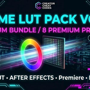 May include: Digital graphic promoting the "ANIME LUT PACK VOL 2" with "MEDIUM BUNDLE / 8 PREMIUM PRESETS." The image features a colorful ring and a grid, with text indicating compatibility with CapCut, After Effects, Premiere, and DaVinci.