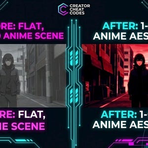 May include: An image comparing an unedited anime scene to an edited version with a red aesthetic. The text reads "BEFORE: FLAT, UNEDITED ANIME SCENE" and "AFTER: 1-CLICK ANIME AESTHETIC". A PDF guide is included.