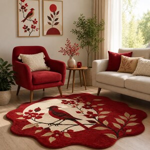 Puede incluir: Una alfombra roja con diseño de pájaro y flores. La alfombra tiene un borde festoneado y presenta un gran pájaro en el centro, rodeado de flores rojas y hojas beige. La alfombra está en un salón con un sillón rojo y un sofá beige.