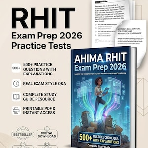 以下が含まれることがあります： RHIT Exam Prep 2026 練習問題集。500問以上の練習問題、解説、試験形式のQ&A、印刷可能なPDFアクセス付き。本の表紙には、ファイルキャビネットの上に立ち、デジタルデータ画面に囲まれた人物が描かれています。