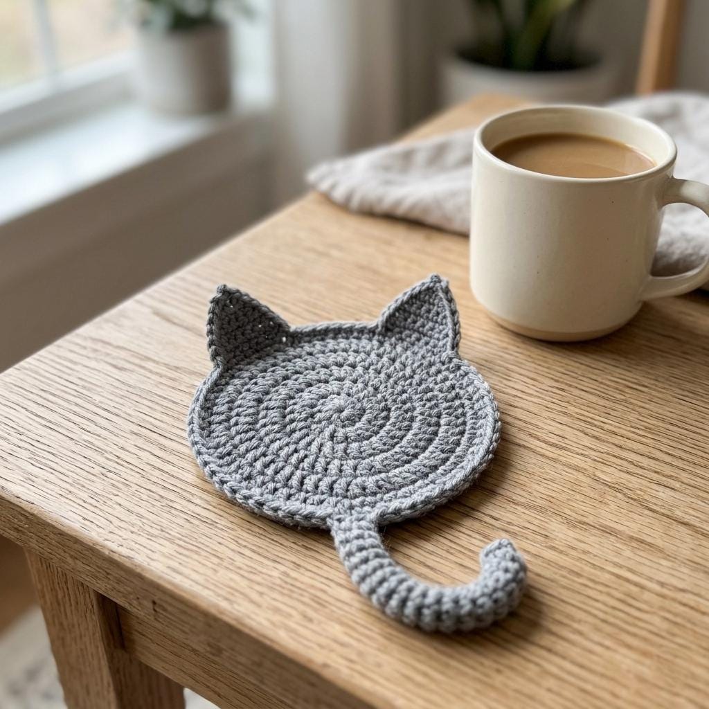37 Cat Coaster Crochet Patterns for Cat Lovers, Gifts, and Cozy Home Decor 13 Cat Coaster Animal Mug Rug Tutorial