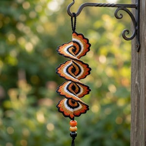 May include: A spiral-shaped crochet hanging ornament featuring concentric layers of orange, white, brown, and black yarn. The structure is suspended from a black loop and finished at the bottom with three stacked beads in orange, yellow, and black.