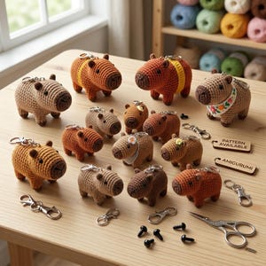 May include: A collection of twelve crocheted capybara keychains in various shades of brown, some featuring yellow stripes, floral collars, or small flower accents. The set includes metal lobster clasps, black plastic eyes, and two wooden tags labelled Pattern Available and Amigurumi, alongside a pair of silver scissors.