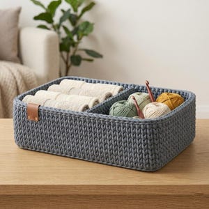 Puede incluir: Una cesta rectangular de ganchillo gris con tres compartimentos. La cesta contiene toallas beige enrolladas, ovillos de lana verdes, amarillos y crema, y ganchillos. Una etiqueta de cuero marrón está sujeta al lateral.