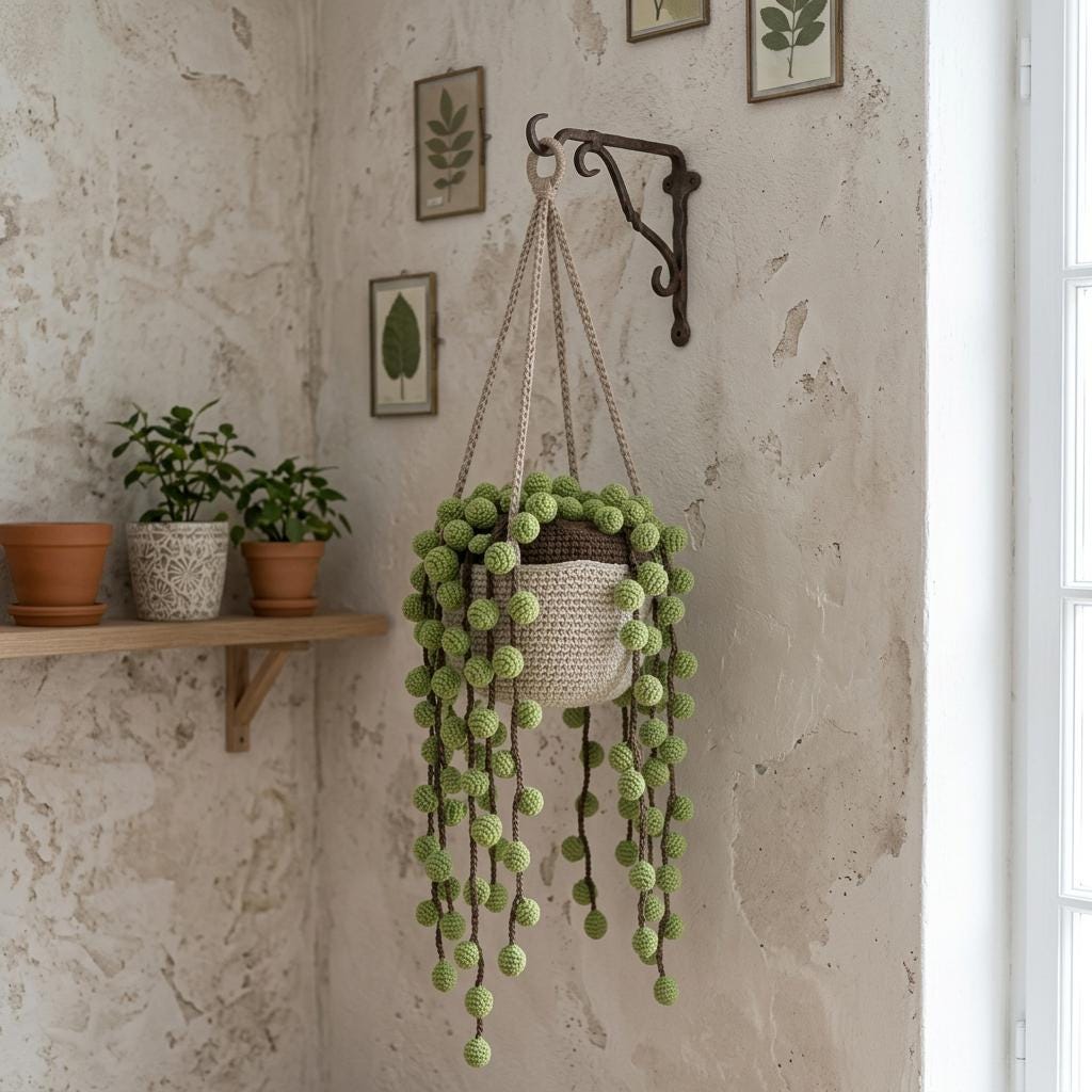 30 String of Pearls Crochet Patterns for Hanging Plants, Mini Pots, and Car Charms 9 Hanging String of Pearls Plant Pot Crochet Pattern