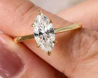 Marquise Cut Moissanite Engagement Ring, 14k Yellow Gold Solitaire Ring, Classic Wedding Ring, Bridal Jewelry, Unique Gift, Gift for Wife