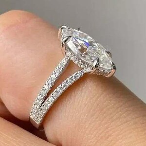 Unique Marquise Cut Moissanite Engagement Ring, Split Shank Diamond Ring, White Gold Ring, Bridal Ring, Proposal Ring, Anniversary Gift