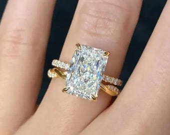 4CT Radiant Cut Bridal Ring Set, 14K Yellow Gold Moissanite Diamond Wedding Ring Set, Twisted Pave Band, Hidden Halo Ring IGI Certified Ring