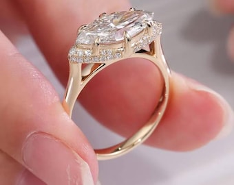 Vintage Marquise Solitaire Engagement Ring, East West Moissanite Wedding Ring, 14K Yellow Gold Hidden Halo Promise Ring Classic Diamond Ring