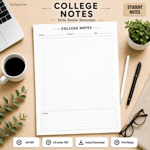 Notatki z uczelni do druku, szablony notatek z wykładów w formacie PDF, strony z notatkami z nauki, notatki studenckie, notatki uniwersyteckie, format A4 US Letter