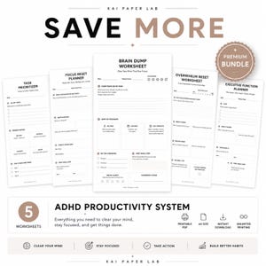 May include: A digital productivity system bundle from Kai Paper Lab featuring five printable worksheets including a Task Prioritizer, Focus Reset Planner, Brain Dump Worksheet, Overwhelm Reset Worksheet, and Executive Function Planner in A4 size.