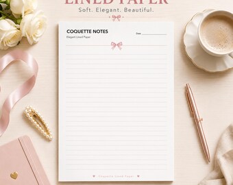 Papel rayado Coquette imprimible en PDF / Papel para cuaderno bonito / Papel de escritura con estética rosa / Página de diario con lazo / Notas imprimibles