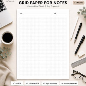 May include: A white sheet of grid paper for notes with a 5 mm grid, featuring a header with lines for Topic and Date. The text reads GRID PAPER FOR NOTES, Capture Ideas Clearly & Stay Organized, A4 PDF, US Letter PDF, High Resolution, Instant Download.