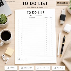 To Do List Printable, Daily Checklist PDF, Task Planner, Weekly To Do List, Productivity Planner, A4 US Letter